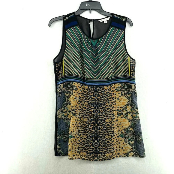 CAbi 565 Buchanan Tunic Women's Sz M Blue Black Leopard Print Striped Keyhole - Picture 1 of 10